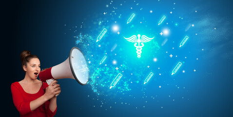 Young person shouting in megaphone and pharmacy icon, medical concept