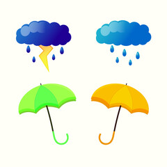 Cloud, rain and opened umbrella in the rain. Flat style vector illustration