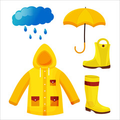 Umbrella, Raincoat, rainboots and rain drops. vector eps 10. flat icons set