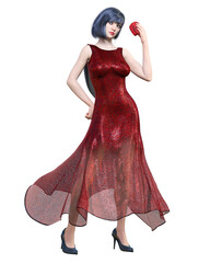 Beautiful brunette woman in red long evening dress.