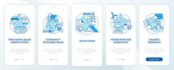 Fototapeta na wymiar Solar energy solution. Resources of energy onboarding mobile app page screen with concepts. Photovoltaic walkthrough 5 steps graphic instructions. UI vector template with RGB color illustrations