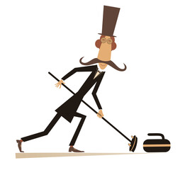 Mustache man in the top hat plays curling isolated illustration. Mustache gentleman in the top hat with curling brush pushes a stone towards the target isolated on white illustration 