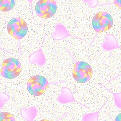 Bright colored lollipop. Sweet dessert for kids. Rainbow spiral ball and heart lolipop. Seamless background with pattern.
