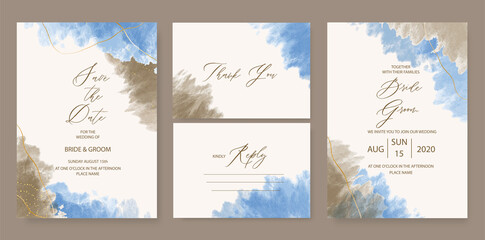 Modern wedding invitation template, with watercolor stains and handmade calligraphy.
