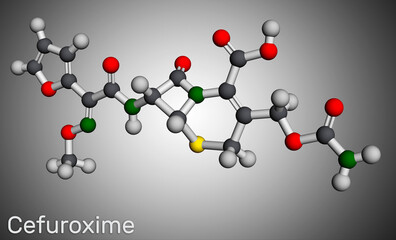 Cefuroxime molecule. It is second-generation cephalosporin antibiotic for the treatment of pneumonia, meningitis, otitis media, sepsis. Molecular model. 3D rendering