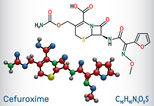 Cefuroxime molecule. It is second-generation cephalosporin antibiotic for the treatment of pneumonia, meningitis, otitis media, sepsis. Structural chemical formula, molecule model