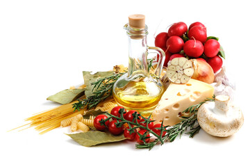 Italian food ingredients for making spaghetti pasta. Raw spaghetti with various ingredients. Isolate on a white background.