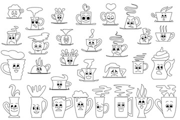 A mug for drinks with a face with different emotions. Outline style vector icons set isolated on white.