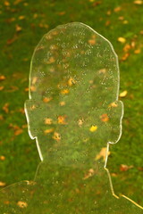 Transparent plastic in shape of human head covered in rain drops