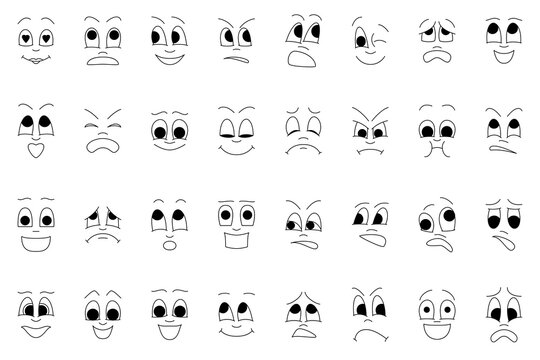 A set of faces with different emotions. Vector icons in cartoon style isolated on white.