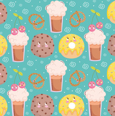 food pattern funny cartoon cute cookie smoothie donut and pretzel