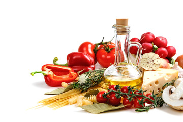 Italian food ingredients for making spaghetti pasta. Raw spaghetti with various ingredients. Isolate on a white background.