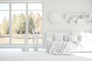 Stylish room in white color with sofa and autumn landscape in window. Scandinavian interior design. 3D illustration