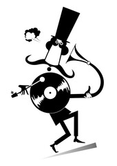 Funny mustached man in the top hat is listening music on the vintage record player decor illustration