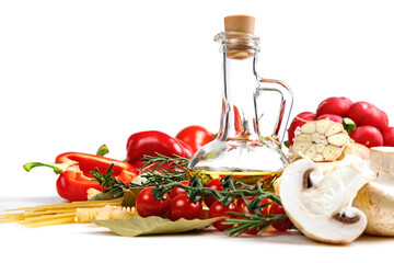 Italian food ingredients for making spaghetti pasta. Raw spaghetti with various ingredients. Isolate on a white background.