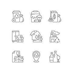 Waste disposal linear icons set. Garbage pickup from home. Waste with hazardous properties. Customizable thin line contour symbols. Isolated vector outline illustrations. Editable stroke