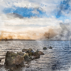 Digital watercolor painting of Stunning landscape image of Milarrochy Bay on Loch Lomond in Scottish Highlands
