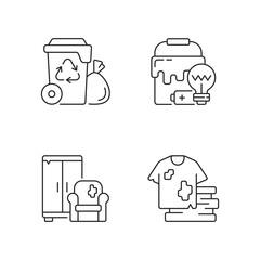 Garbage disposal linear icons set. Residential waste collection. Solid materials. Bulky refuse. Fashion. Customizable thin line contour symbols. Isolated vector outline illustrations. Editable stroke