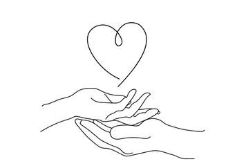 Outline drawn, hand in hand and heart. The concept of love, unity. Modern vector illustration isolated on white. For Gift Card, stickers, postcard, fabric, t-shirt, posters, gifts, textiles