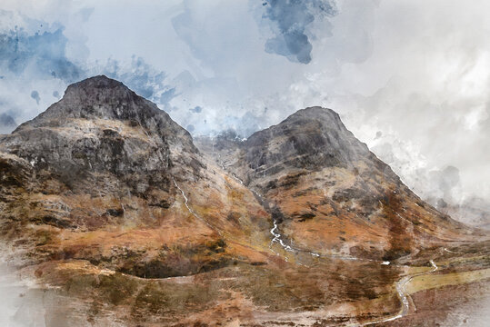 Digital watercolor painting of Majestic moody landscape image of Three Sisters in Glencoe in Scottish Highlands on a wet Winter day wit high water running down mountains