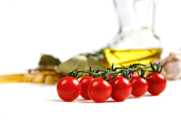 Italian food ingredients for making spaghetti pasta. Raw spaghetti with various ingredients. Isolate on a white background.