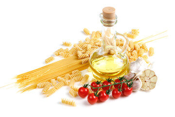 Italian food ingredients for making spaghetti pasta. Raw spaghetti with various ingredients. Isolate on a white background.