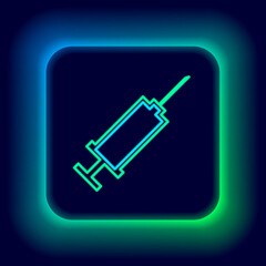 Glowing neon line Syringe icon isolated on black background. Syringe for vaccine, vaccination, injection, flu shot. Medical equipment. Colorful outline concept. Vector.