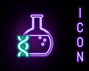 Glowing neon line DNA research, search icon isolated on black background. Genetic engineering, genetics testing, cloning, paternity testing. Colorful outline concept. Vector.