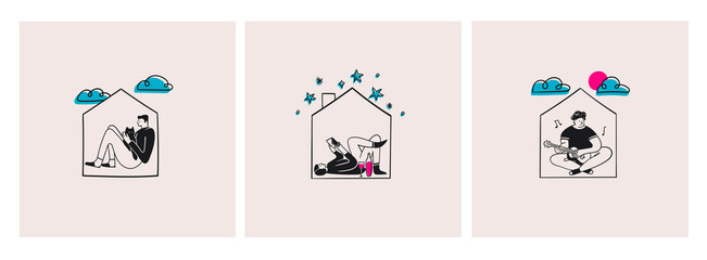 Set of three Persons isolated at the tiny houses. Cute characters. Stay at home concept. Self isolation. Hand drawn trendy Vector illustration. Sketchy doodle style. Poster template
