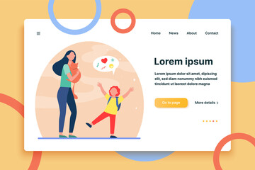 Mom giving red cat to joyful son. Red haired boy, speech bubble, pet adoption flat vector illustration. Animal care, childhood, family concept for banner, website design or landing web page