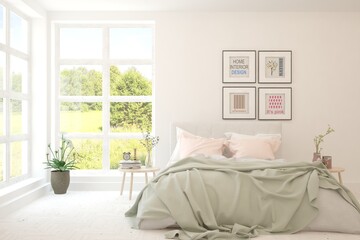 Stylish bedroom in white color with summer landscape in window. Scandinavian interior design. 3D illustration