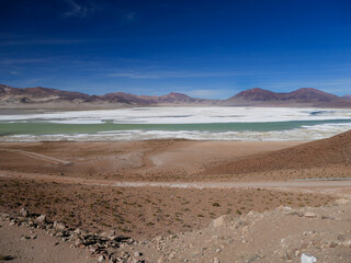 salt lake and mountains in Chile. blue skys and flamingos	
