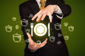 Hand holding tableware icon, healthy food delivery concept