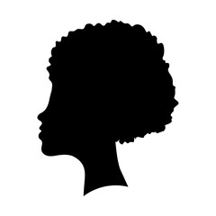 Black female silhouettes, face profile, vignette. Afro woman in profile.  Hand drawn vector illustration, isolated on white background. Design for invitation, greeting card, vintage style.