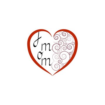 Lettering I love mom and spirals in red heart