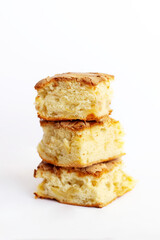 Pieces of homemade organic sponge apple pie isolated on a white background. Dessert Charlotte