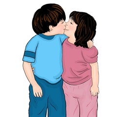 Puppy love, boy and girl, the kiss, sweet, love,  warm, cartoon of two children.