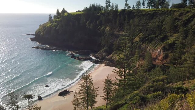 Stationary motion view of the beach and beautiful scenery of Anson Bay on the west west coast of Norfolk Island, Australia