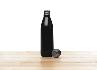 Stylish thermo bottle on wooden table against white background