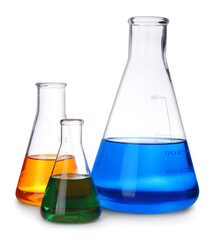 Laboratory glassware with colorful liquids on white background