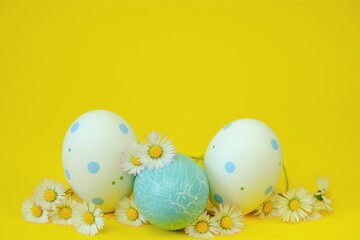 Easter holiday. Easter white speckled and blue eggs and chamomile flowers on a yellow background.Spring festive easter background in pastel colors .Easter light festive background