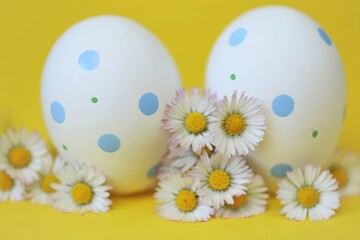 Easter holiday. Easter white speckled eggs and chamomile flowers on a bright yellow background.Spring festive easter background in pastel colors .Easter light festive background