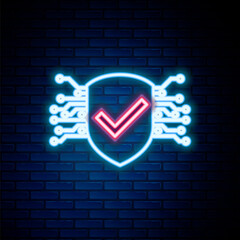 Glowing neon line Cyber security icon isolated on brick wall background. Shield with check mark sign. Safety concept. Digital data protection. Colorful outline concept. Vector.