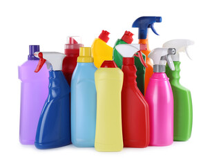 Bottles of different cleaning products isolated on white