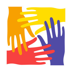 Bright colorful overlapping hands. Help, trust concept. Square composition. Abstract illustration. Flat design.