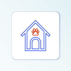 Line Dog house and paw print pet icon isolated on white background. Dog kennel. Colorful outline concept. Vector.