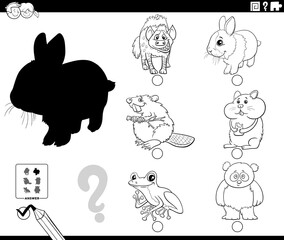 shadows game with cartoon animals coloring book page