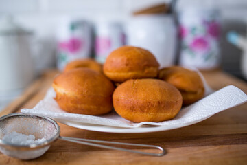 Homemade donuts with filling. Delicious homemade donuts.