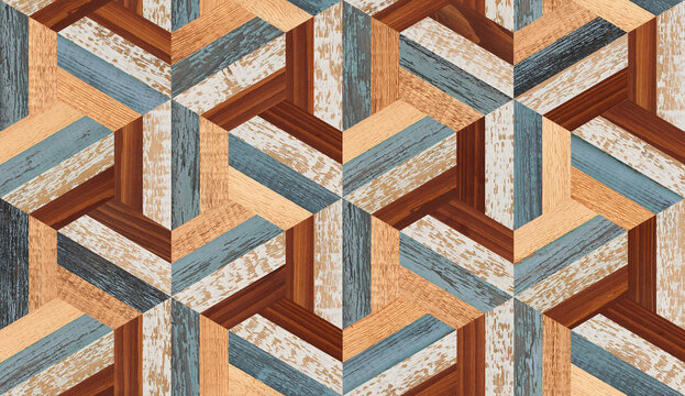 Seamless wooden background. Grunge parquet floor texture. Multicolored wooden wall with geometric pattern. 