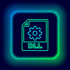 Glowing neon line DLL file document. Download dll button icon isolated on black background. DLL file symbol. Colorful outline concept. Vector.